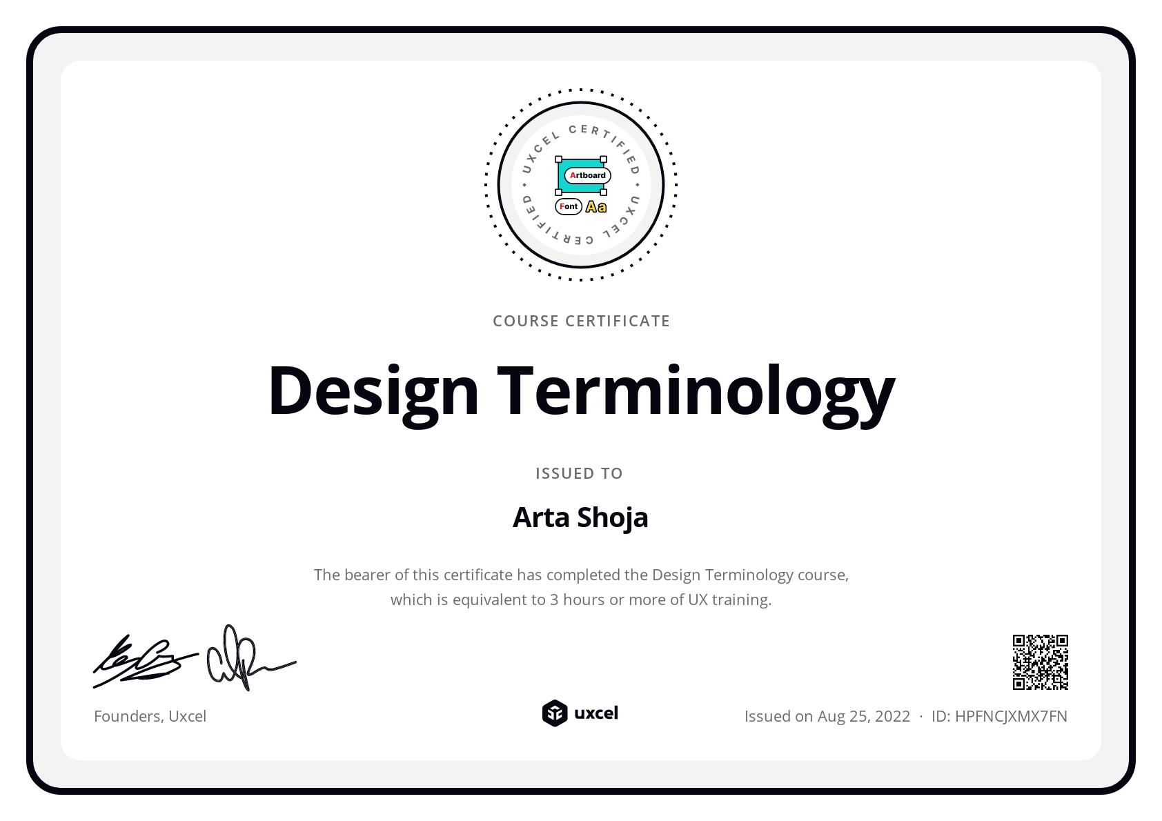 Arta Shoja's certificate